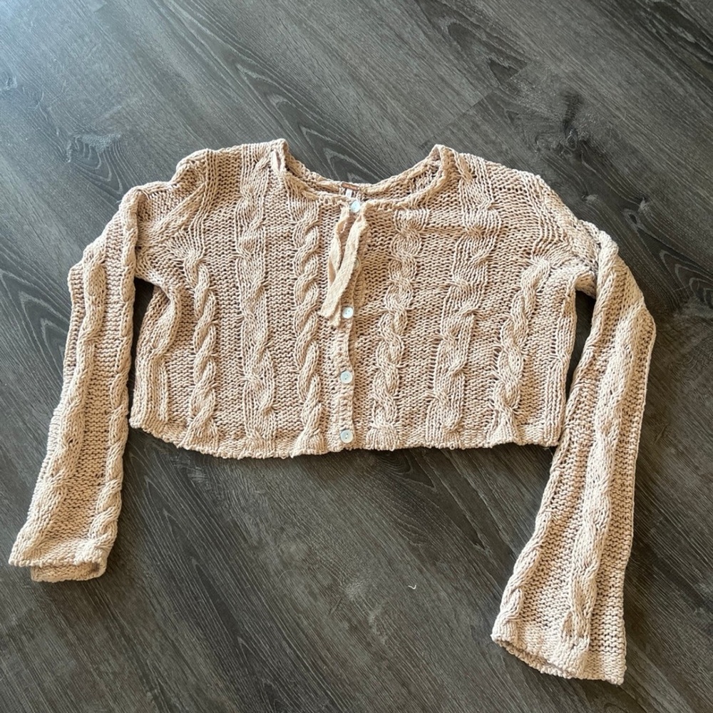 Free People Tan Ribbed Crop Tie Front Hoodie